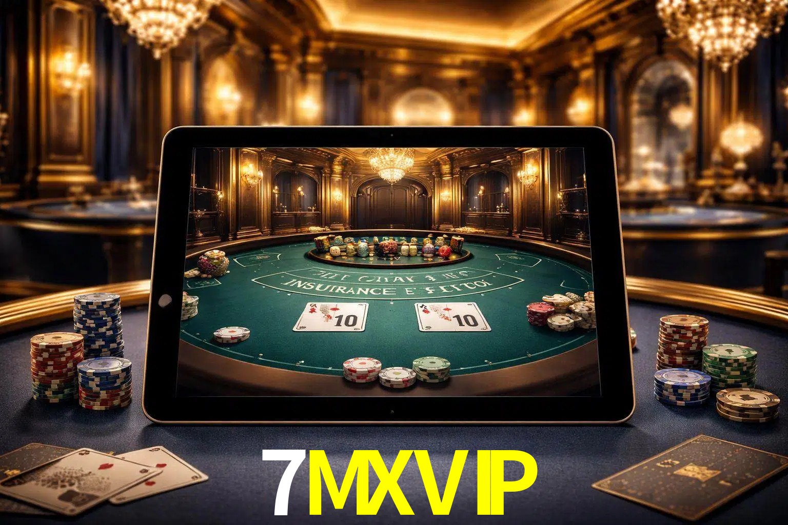 Configuración moderna de casino en vivo con una tableta mostrando una mesa de blackjack, luces cálidas de estudio y una atmósfera elegante de juegos digitales.